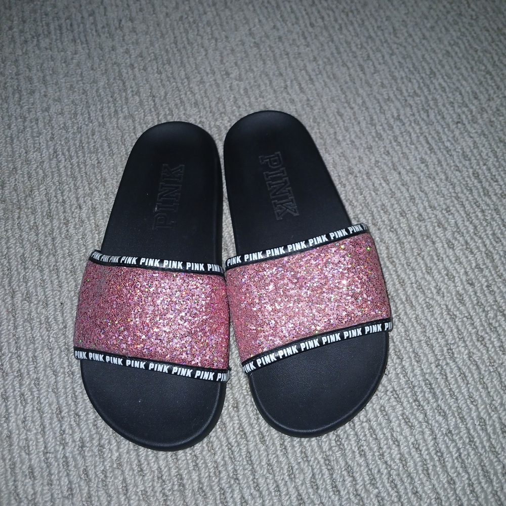 PINK Victoria's Secret Glitter Pink and Black Slippers